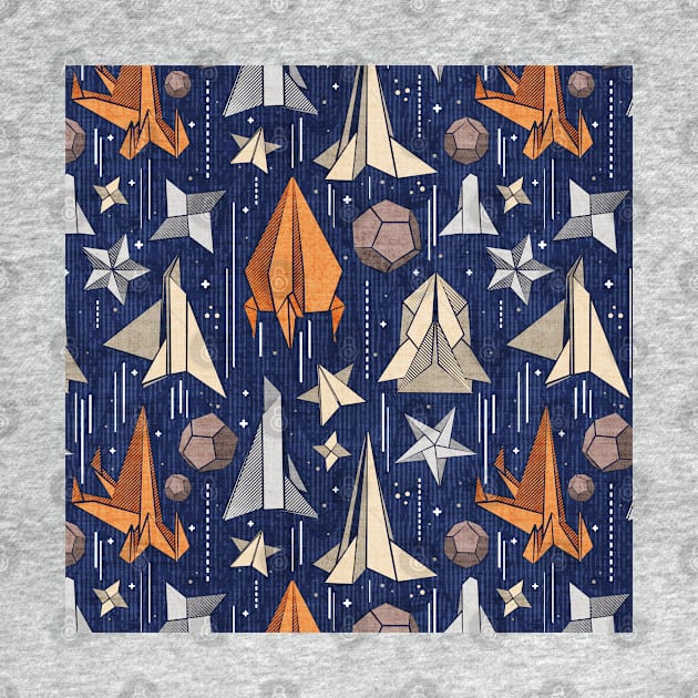 Reaching for the stars // pattern // navy blue background ivory grey brown and orange origami paper asteroids stars and space ships traveling light speed by SelmaCardoso